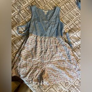 Vintage 90’s express blue denim and floral romper dress with button up front